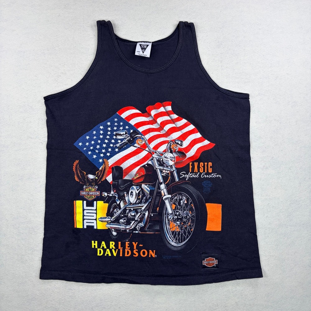 Vintage 1990 Harley Davidson FXSTC Softail Custom Tank Top Black Mens Large USA